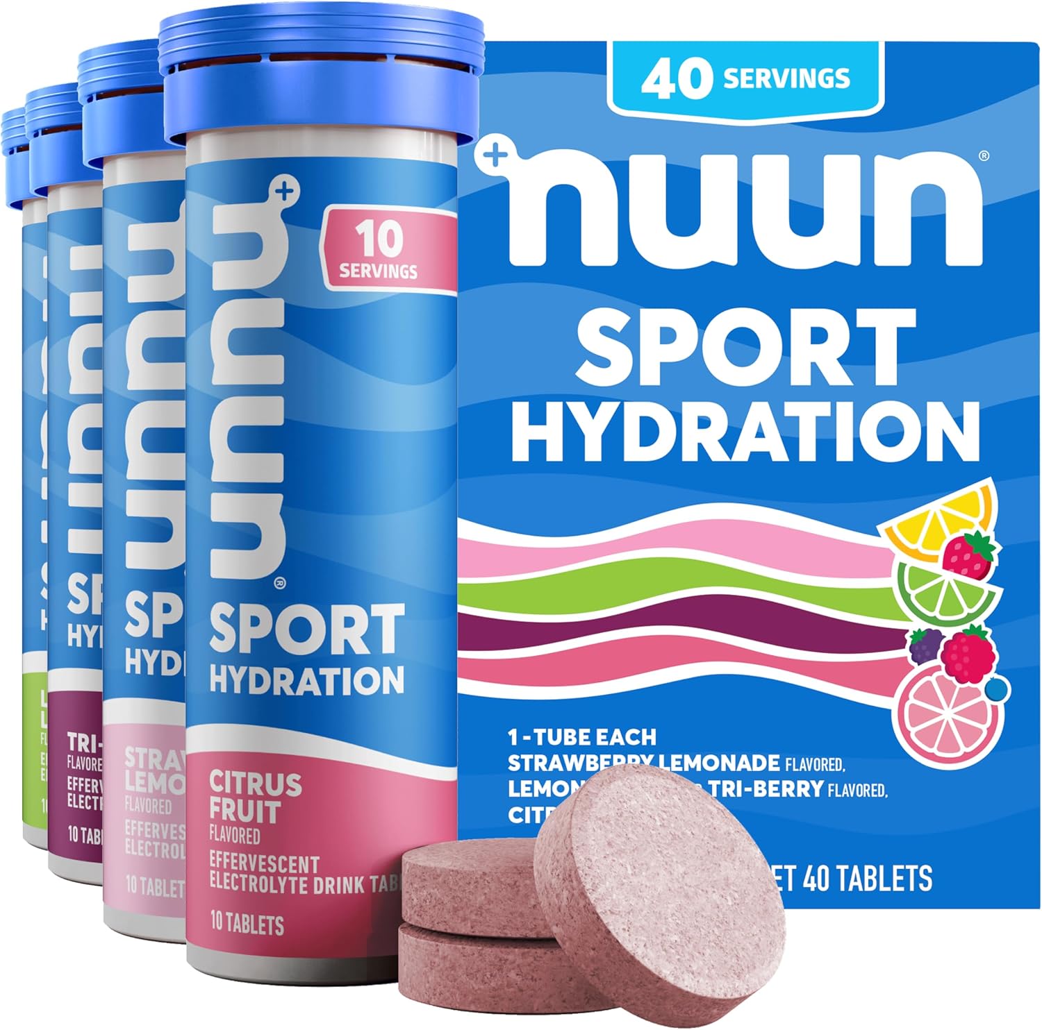 Nuun Sport Electrolyte Tablets Mixed Flavor, GF & Vegan, 4 Pack | 40 Servings with Magnesium, Calcium, Potassium, Chloride & Sodium, Gluten Free & Vegan